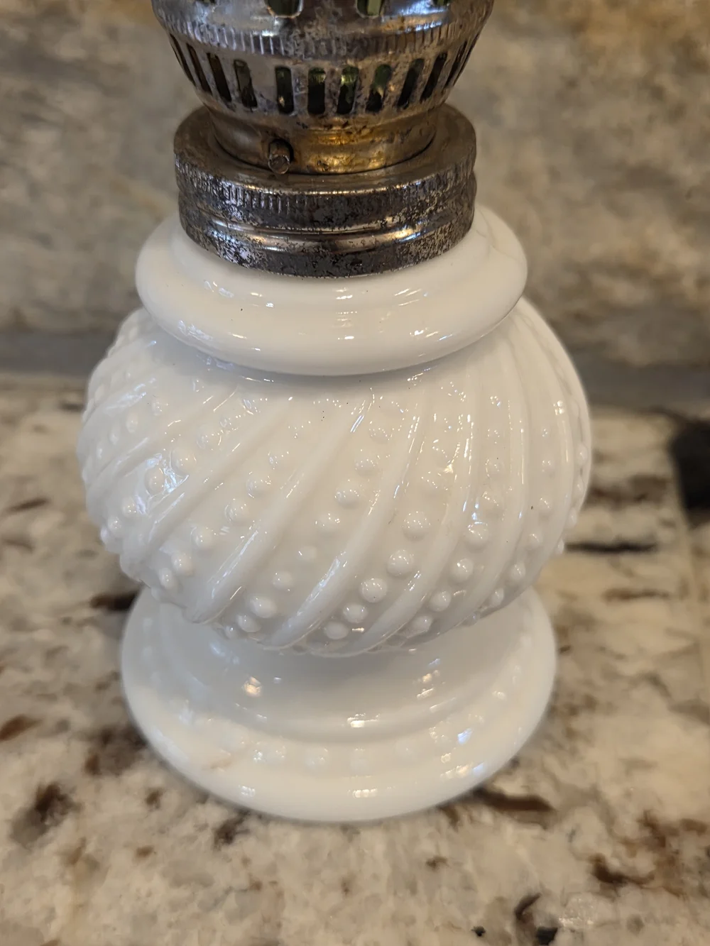Vintage White Hobnail Milk Glass Mini Oil Lamp w/Fluted Green Glass Chimney